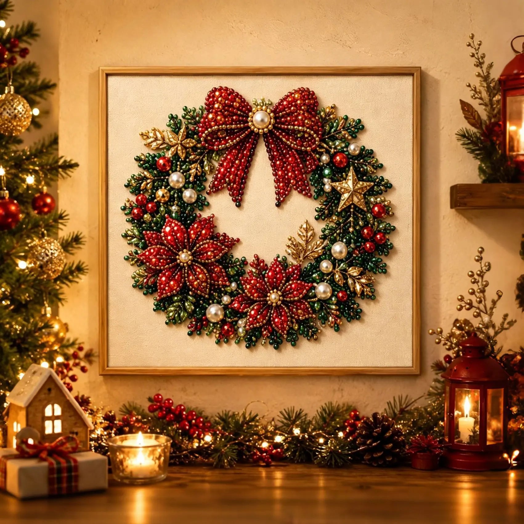 Christmas Wreath pearl art detail